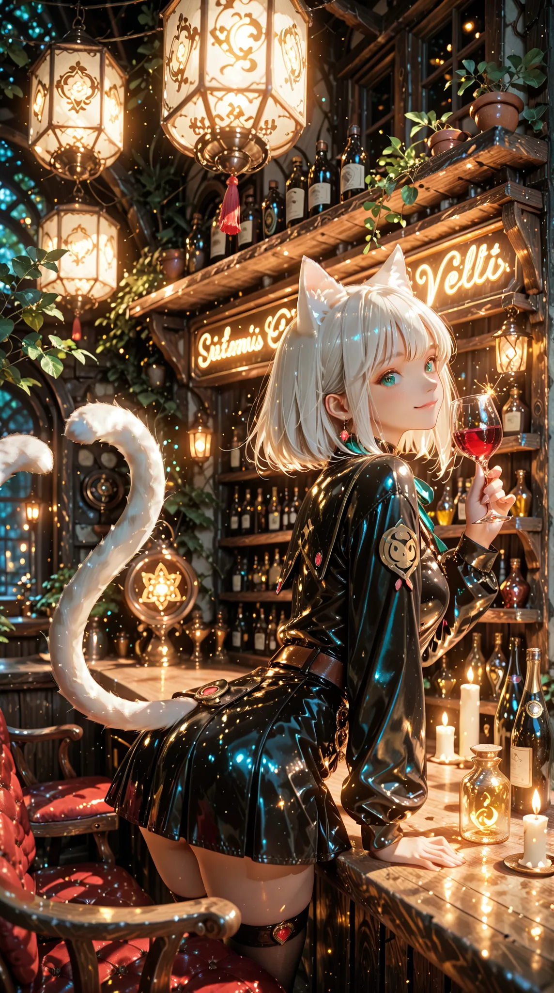 A cozy, mysterious nighttime bar run by elegant catgirls with feline ears and tails, wearing stylish uniforms or evening wear. The bar glows with soft, warm lighting—neon signs, lanterns, and candles casting golden light. The setting is intimate and atmosp...