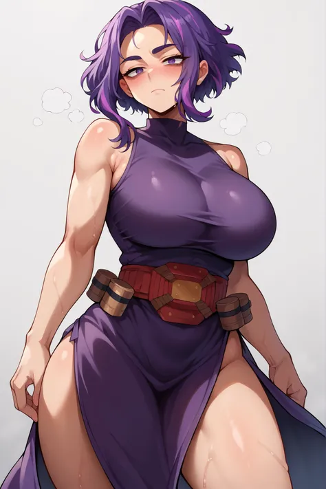 score_9, score_8_up, score_7_up, score_6_up, source_anime, BREAK 1girl, solo, bags under eyes,  ladynagant, purple hair, streaked hair, short hair, purple eyes, purple dress, belt, sleeveless, (huge breasts:0.7), looking at you, expressionless,, looking at...