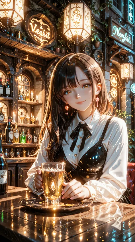 A cozy, mysterious nighttime bar run by elegant girl with youngful smile, wearing stylish uniforms or evening wear. The bar glows with soft, warm lighting—neon signs, lanterns, and candles casting golden light. The setting is intimate and atmospheric, with...