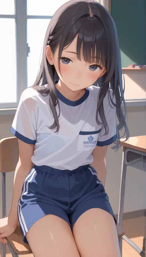 ((nsfw)), 1girl,black_hair,black_eyes, ((Top quality)), ((Masterpiece)), ((Ultra precision)), ((Ultra detailed illustration)),solo, {{{{from front}}}},nsfw,school gym clothes, shorts,(The location is classroom),8K,Embarrassing,long hair,