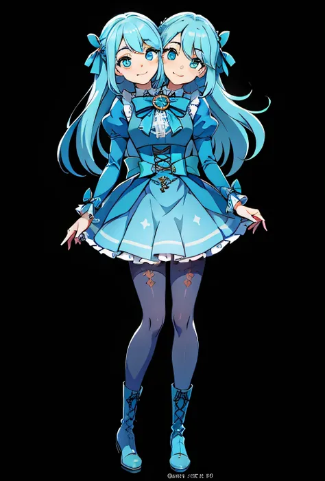 ((best quality), (high quality), (detailed), (masterpiece), good artist, 1girl, (2heads:1.5), ((long waist-length aqua blue hair:1.5)), ((long hair:1.5)),((frilly sky blue and cyan dress with a large waist ribbon)), (a lace-up bodice with a large chest bow...