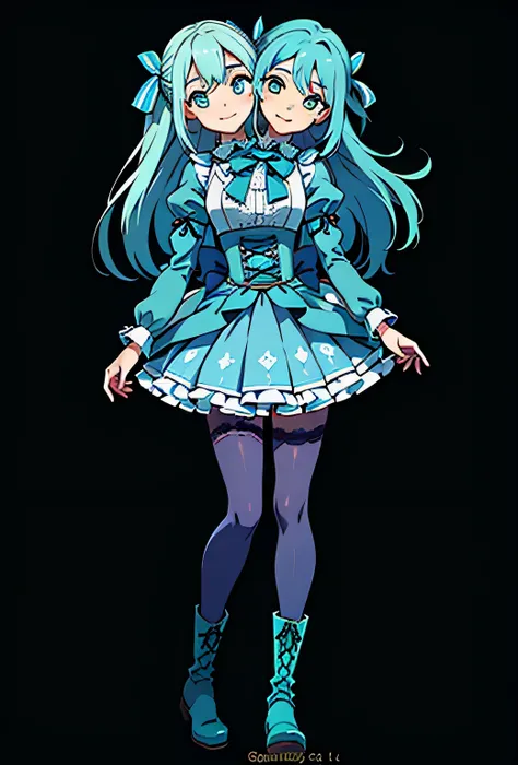 ((best quality), (high quality), (detailed), (masterpiece), good artist, 1girl, (2heads:1.5), ((long waist-length aqua blue hair:1.5)), ((long hair:1.5)),((frilly sky blue and cyan dress with a large waist ribbon)), (a lace-up bodice with a large chest bow...