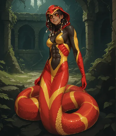 serious facial expression. humanoide Schlange. Beautiful anthro-snake girl. Slender red and yellow striped naga body. gelb/schwarz/Orange/red snakeskin. Sweet 18-year-old Mongolian naga/Lamia-girl with red slanted eyes and cobra-hood and unnaturally sharp ...