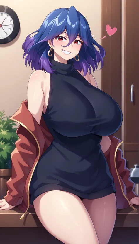 score_9, score_8_up, score_7_up, score_6_up, score_5_up, score_4_up
vermeil, vermeil, red eyes, hair between eyes, blue hair, purple hair, multicolored hair, medium hair,
sweater, bare shoulders, sleeveless, turtleneck, black sweater, thighs,
indoors, bent...