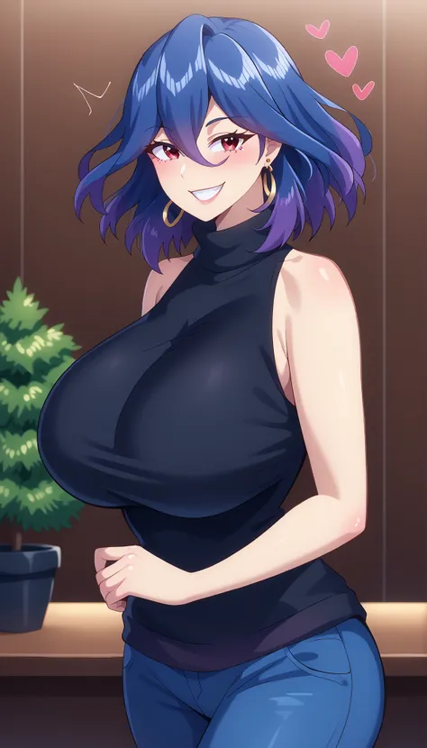 score_9, score_8_up, score_7_up, score_6_up, score_5_up, score_4_up
vermeil, vermeil, red eyes, hair between eyes, blue hair, purple hair, multicolored hair, medium hair,
sweater, bare shoulders, sleeveless, turtleneck, black sweater, thighs,
indoors, bent...