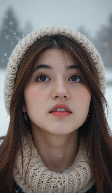 a woman wearing a hat and scarf in the snow, a portrait, by Antoni Brodowski, shutterstock, digital art, cute young girl, in a storm, looking upwards, bokeh top cinematic lighting
