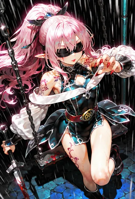 full body, dynamic pose, Cinematic Lights,((solo、petite girl、Ninja、Ninja、Ninja服、Ninja costume、Bare Shoulders、black blindfold hiding half of the face、Cover both eyes with a blindfold、pink hair with long n sleeves、long hair、Ponytail、Hair between eyebrows、elf...