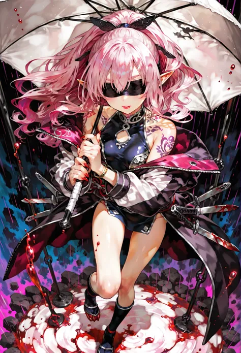 full body, dynamic pose, Cinematic Lights,((solo、petite girl、Ninja、Ninja、Ninja服、Ninja costume、Bare Shoulders、black blindfold hiding half of the face、Cover both eyes with a blindfold、pink hair with long n sleeves、long hair、Ponytail、Hair between eyebrows、elf...