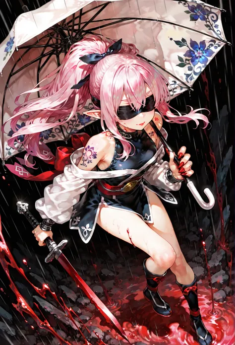 full body, dynamic pose, Cinematic Lights,((solo、petite girl、Ninja、Ninja、Ninja服、Ninja costume、Bare Shoulders、black blindfold hiding half of the face、Cover both eyes with a blindfold、pink hair with long n sleeves、long hair、Ponytail、Hair between eyebrows、elf...