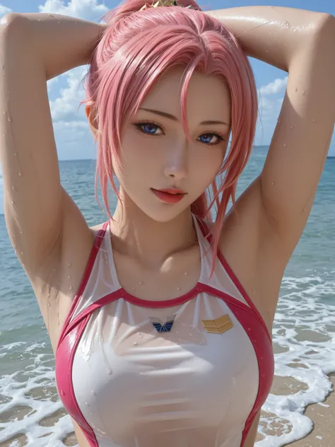 top quality,masterpiece,realistic photo,Show me your armpits,Lux Klein,wet skin,Gundam Seed,beautiful woman、pink hair with long n sleeves、Fair skin、sweat,wet skin,swimsuit,hair ornament,big boobs,sea,
