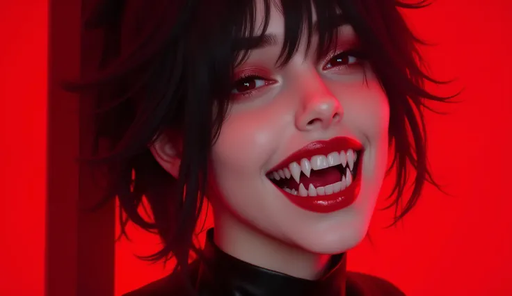 fangs, 1 girl, teeth, solo, red background, portrait, lips, red theme, sharp teeth, red lips, (maximum ultra high definition image quality and rendering:3), maximum image detail, maximum realistic render, (((ultra realist style))), realist side lighting, ,...