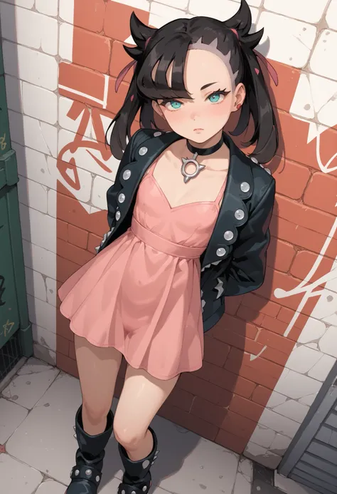 Score_9, score_8_up, score_7_up, score_6_up, source_anime, rating:general, 1girl, Marnie, black hair, twintails, perfect eyes,  aqua eyes, perfect face, pale white skin, flat chest, black jacket, short pink dress, pink panties, boots, slender build, slende...