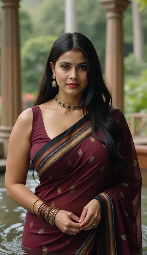 Beautiful cute wet tamanna bhatia, with thick thighs and a curvy waist, wearing a red beautiful Indian dress, ((low waist)), ((wet silky hair)), ((wet hair)), ((loose wet hair)), (( beautiful Indian dress)) , bindi on forehead, highly detailed, depth of fi...