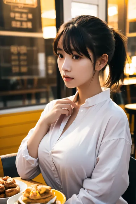 girls working in food trucks、((big breasts))、(( shirt with a slightly open chest ))、hairstyles with bangs、((loose ponytail))、((dark haired))、top quality、super high resolution、(Photorealistic:1.85)、Beautiful Eyes、Super beautiful、perfect style、Perfect Balanc...