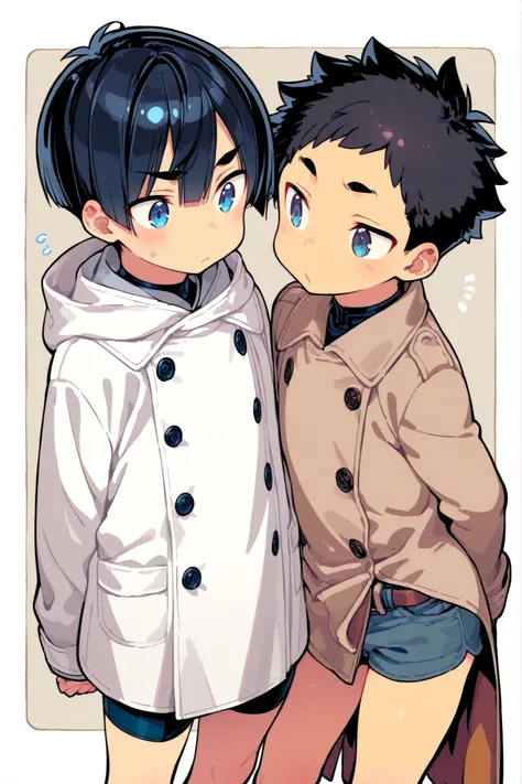 15-year-old male teenager with Asian features, a tender face, dark blue eyes, black hair and a blush on his cheeks. He's wearing a loose coat and very short shorts.