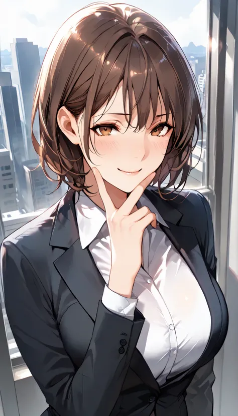 SOLO,Modern Backgrounds,A female with slim body(older girl),Brown eyes,shiny skin,(Wearing A Office Suit,White shirt),In Apartment,light smile,finger on lip,Short hair,UHD, SOLO, anatomically correct, masterpiece, textured skin, high details, highres, 1080...
