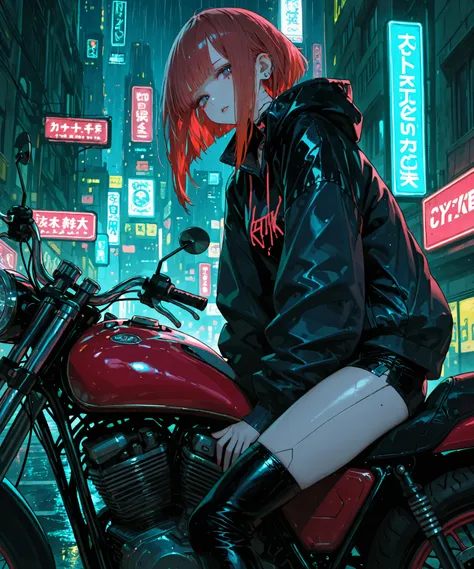 Cyberpunk android (masterpiece, best quality:1.2), a girl, Solo,red hair rides a motorcycle through a rainy cyberpunk city
