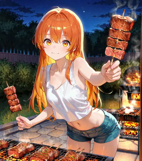 master piece,best quality,ultra detailed,ultra hires,32k,beautiful detailed face,beautiful detailed eyes,looking at viewer,long orange hair,background is lodge,white tank top,short pants,navel,BBQ,grilling meat on a skewer,night,reaching a meat on skewer f...