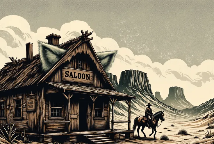 1885s, no humans, western movies, cowboy movies, bar, saloon swing-doors, wooden roof, giant white cat-ear on roof, no cat-face, signboard, tumbleweed, sand road, horse, wide shot,