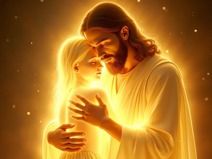 
 "A hyper-realistic image of Jesus Christ embracing a person. Jesus Christ's figure is entirely radiant and golden, glowing with a warm, divine light. His facial features are serene, with long hair and a beard, but the focus is on the golden glow that ema...