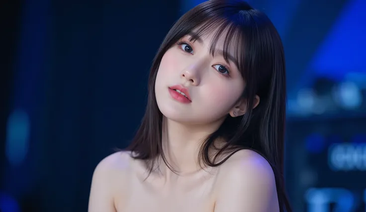 a shoulder-up candid photo of a 20-year-old Korean woman on a real concert stage, photographed with a DSLR, natural lighting, detailed skin texture, soft background blur, minimal or stage makeup, unique facial features, ultra photorealistic, not digital ar...