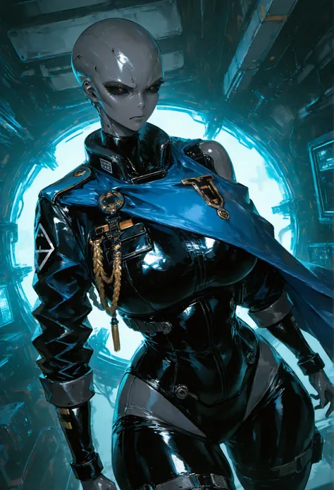 score_9, score_8_arriba, score_7_arriba, score_6_arriba, solo girl, 1girl, a portrait image of a humanoid alien girl, grey alien, gray skin, bald, earless,( black sclera), black eyes, broad shoulders, sci fi blue military uniform, sci fi turtleneck, sleek ...