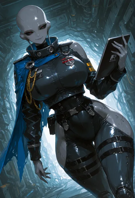score_9, score_8_arriba, score_7_arriba, score_6_arriba, solo girl, 1girl, a portrait image of a humanoid alien girl, grey alien, gray skin, bald, earless,( black sclera), black eyes, broad shoulders, sci fi blue military uniform, sci fi turtleneck, sleek ...