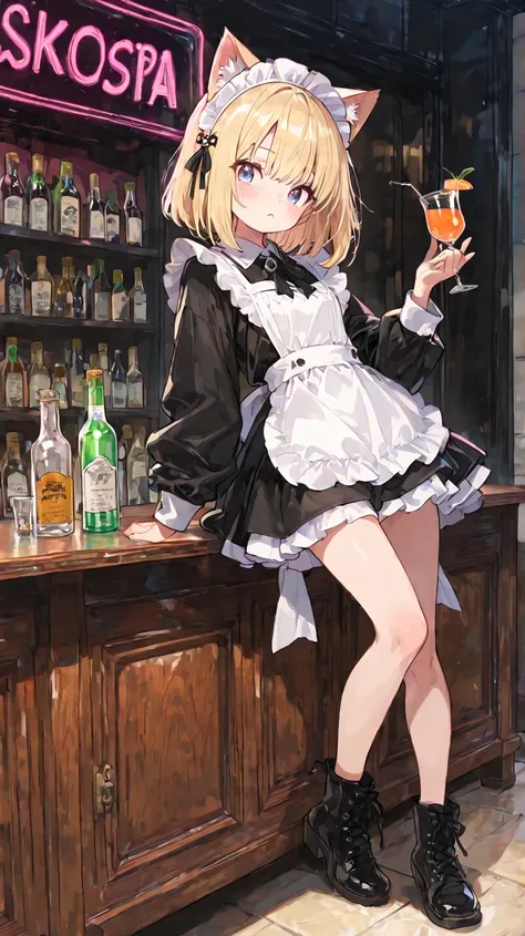 Cute,748cmstyle,,(masterpiece:1.2, top quality), (beautiful detailed eyes: 1.2), ((1 Beautiful Girl)),  (beautiful background:1.2), (very detailed CG, Super Detailed),(very detailed and beautiful:1.1), (Perfect Details:1.1),   Cat earsバーのStanding next to the counterメイドの女の子がカクテルを飲んでいる　　(holding a cocktail in hand)　Blonde　short bob　Cat ears　hairpin　ふわふわKatyusha　Midnight　lots of colorful bottles in the background　背景には柔らかなindirect lightingと「CAT BAR」のNeon Signが光り　Liquor bottles on the desk　温かくAttractiveな雰囲気　has a red face　Cat ears　Katyusha　Maid Outfit　indirect lighting　Neon Sign　cute　warm　Attractive　and laughs mischievously　slightly mean expression　miniskirt　Full Body　Standing next to the counter