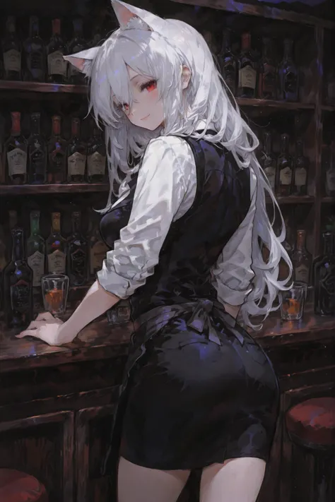 8k Resolution、((top quality))、((masterpiece))、((Super Detailed))、charming bartender with cat ears and a smile,  bartender clothes , I'm standing inside a bar counter、 Mystical Night.The bar of、features a modern design, Soft Writing, back shelf lined with b...