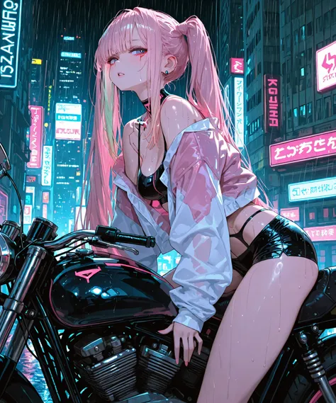 Cyberpunk android (masterpiece, best quality:1.2), a girl, medbreast, Solo, very long pink twintails hair rides a motorcycle through a rainy cyberpunk city
