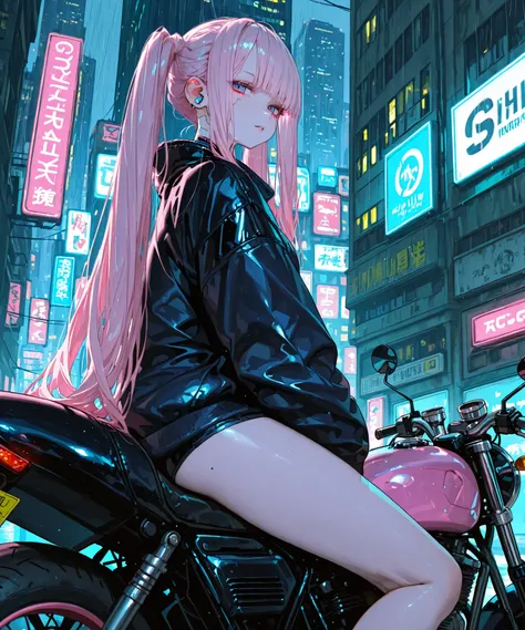 Cyberpunk android (masterpiece, best quality:1.2), a girl, Solo, very long pink twintails hair rides a motorcycle through a rainy cyberpunk city
