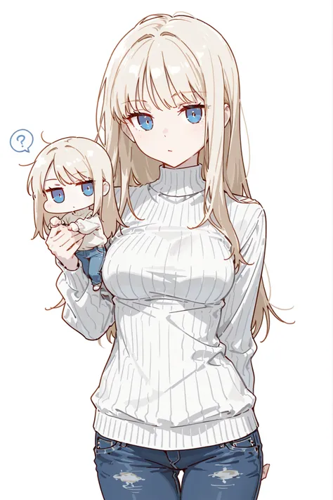(chibi), high quality, detailed, white background, masterpiece, best quality, amazing quality, highres, BREAK 1girl, slavic woman, pale skin, medium breasts, slender, blue eyes, long messy blonde hair, apathetic expression, emotionless, wearing white sweat...