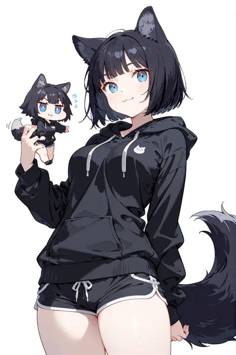 (chibi), high quality, detailed, white background, masterpiece, best quality, amazing quality, highres, BREAK, 1girl, pale skin, medium breasts, thick slim thighs, blue eyes, black wolf ears, black wolf tail, ruffled bob cut black hair, ":3" face,  wearing...