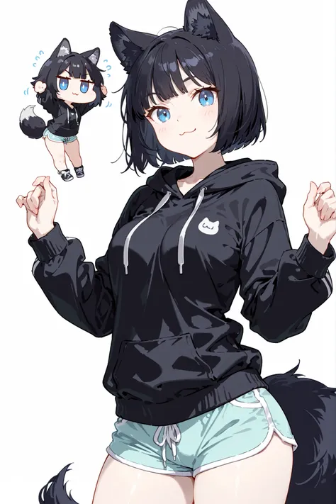 (chibi), high quality, detailed, white background, masterpiece, best quality, amazing quality, highres, BREAK, 1girl, pale skin, medium breasts, thick slim thighs, blue eyes, black wolf ears, black wolf tail, ruffled bob cut black hair, ":3" face,  wearing...