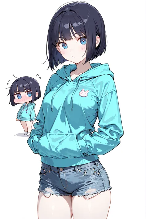 (chibi), high quality, detailed, white background, masterpiece, best quality, amazing quality, highres, BREAK 1girl, pale skin, medium breasts, thick slim thighs, blue eyes, ruffled bob cut black hair, blushing, wearing hoodie and jeans