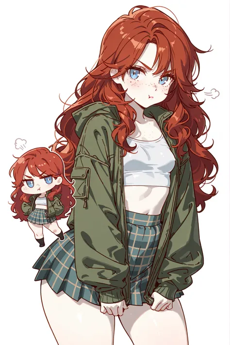 (chibi), high quality, detailed, white background, masterpiece, best quality, amazing quality, highres, BREAK, 1girl, pale skin, small breasts, thick thighs, wide hips, blue eyes, copper-red curly long hair, freckles, lush lips, pouting annoyed, wearing cr...