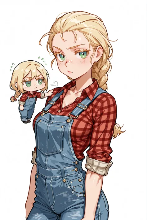 (chibi), high quality, detailed, white background, three-quarters shot, masterpiece, best quality, amazing quality, highres, BREAK, 1girl, farm girl, bright green eyes, blonde eyelashes, sun-kissed skin, freckles across nose and cheeks, wavy honey-blonde h...