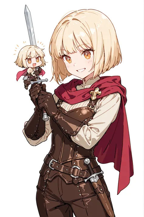 (chibi), high quality, detailed, white background, masterpiece, three-quarters shot, best quality, amazing quality, highres, BREAK, 1girl, sunkissed skin, slim, amber eyes, ruffled bob cut blonde hair, smiling, wielding shortsword, wearing rouge medieval l...