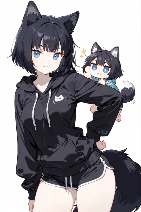 (chibi), high quality, detailed, white background, masterpiece, best quality, amazing quality, highres, BREAK, 1girl, pale skin, medium breasts, thick slim thighs, blue eyes, black wolf ears, black wolf tail, ruffled bob cut black hair, ":3" face,  wearing...