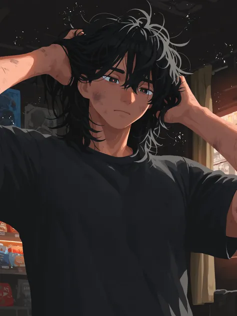 (body focus: 1.3), (close angle: 0.4), solo, (no lineart: 1.5), (pose: 1.3), fair skin, black shirt, dystopian, apocalypse, indoors, store, (male, man, masculine: 1.2), handsome, medium hair, black hair, messy hair, curtain bangs, middle part, ragged, (tel...