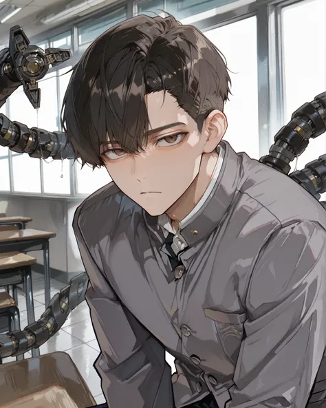 BREAK, masterpiece, school, high School, male, masculine, guy, boy, 1boy, brown eyes, dark hair, black hair, shaved sides hair, lean, school uniform, grey jacket, mechanical tentacle