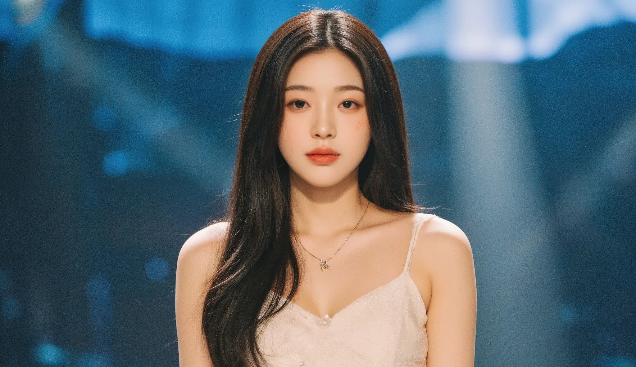 a shoulder-up candid photo of a 20-year-old Korean woman on a real concert stage, photographed with a DSLR, natural lighting, detailed skin texture, soft background blur, minimal or stage makeup, unique facial features, ultra photorealistic, not digital ar...