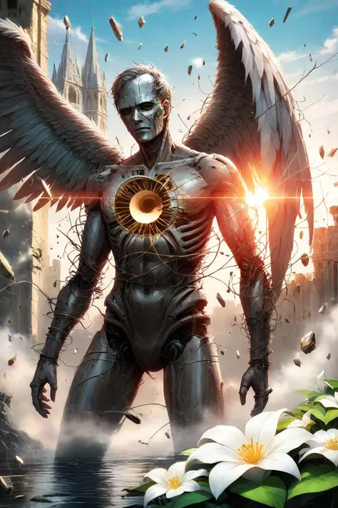 A post-apocalyptic humanoid entity formed from fragments of forgotten souls, its translucent skin rippling with shifting human faces beneath. It stands silently in the ruins of a drowned cathedral, one large broken angelic wing jutting from its back — the ...