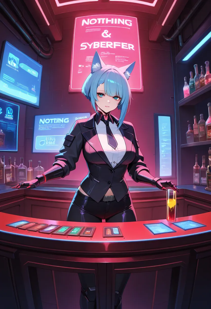 nothing bar girl, Scenario bar, nothing, nothing bartender, woman with cat ears, cyberpunk style.