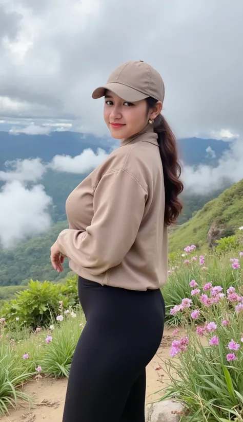 portrait photograph of a young java woman hijab with polo Cap, wearing pinarofe with tight-fitting chlotes, hotpant with leggings, pinarofe, oversized_breasts.", she is hiking, beautiful_breasts. sensual body, in a unique, photoshot model, ((In front of fl...