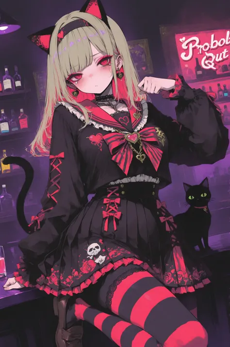 cartoon characters, Girl, girl in minefield fashion, minefield with patten bangs,headband with cat ears,add pink or white colors based on black,dull color（dull pink or purple）,mysterious atmosphere,colorful sailor collar The design uses a lot of frills and lace,bottoms are pleated skirts and outfits that are conscious of absolute territory,choker、Chains、heart motif earrings and necklaces,thick bottom loafers,highlight the eye area with pink eyeshadow, teardrop bags,Dark blush,Illness Cute,red and white striped leggings, stuffed black cat with one hand,Dynamic pose with one leg raised slightly, sidemap, playful vibrant vibe, 背景はbarカウンター,bar, cocktails, flat, colorful illustration style, high contrast colors,  Digital Art,ジョジョリオンの表紙カbar
