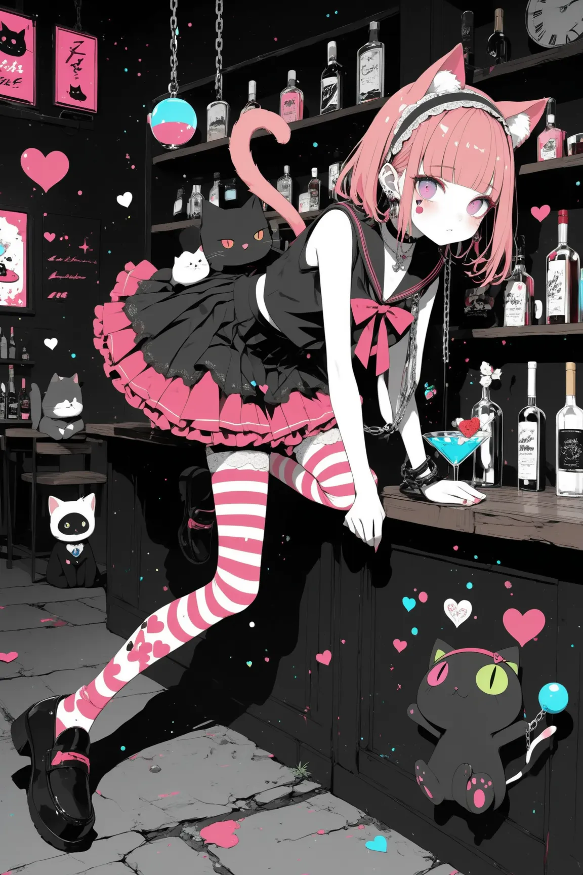 cartoon characters, Girl, girl in minefield fashion, minefield with patten bangs,headband with cat ears,add pink or white colors based on black,dull color（dull pink or purple）,mysterious atmosphere,colorful sailor collar The design uses a lot of frills and lace,bottoms are pleated skirts and outfits that are conscious of absolute territory,choker、Chains、heart motif earrings and necklaces,thick bottom loafers,highlight the eye area with pink eyeshadow, teardrop bags,Dark blush,Illness Cute,red and white striped leggings, stuffed black cat with one hand,Dynamic pose with one leg raised slightly, sidemap, playful vibrant vibe, 背景はbarカウンター,bar, cocktails, flat, colorful illustration style, high contrast colors,  Digital Art,ジョジョリオンの表紙カbar