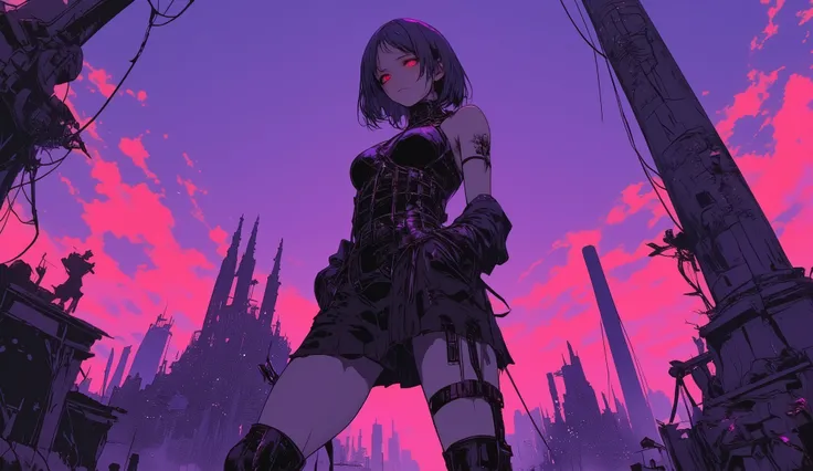 Fisheye Wide Angle , Fisheye Wide Angle 一人のセクシーな少女 , Battle Poses 、Stance、 wearing a sexy dress 、 Put your hand in your pocket 、The expression and outfit are 、Bold Makeup and Accessories. Shadows at your feet、 High Angle and Strong Fisheye Perspec...
