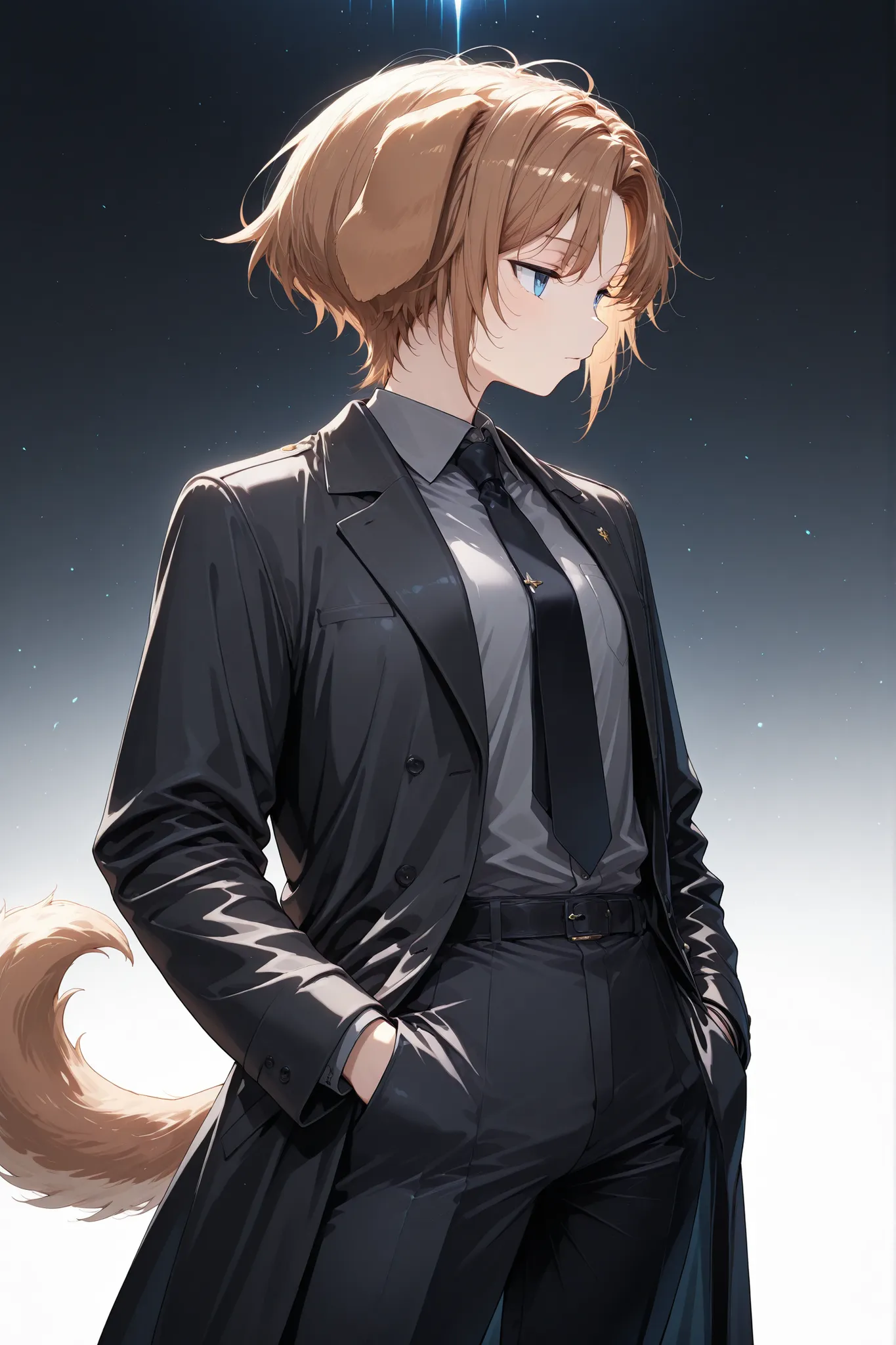 (masterpiece, detailed:1.2), 1girl, androgynous, animal ears, animal tail, bishounen, black coat, black necktie, black pants, blue eyes, chestnut hair, coat, collared shirt, curtained hair, dog ears, dog girl, dog tail, floppy ears, formal clothes, grey sh...