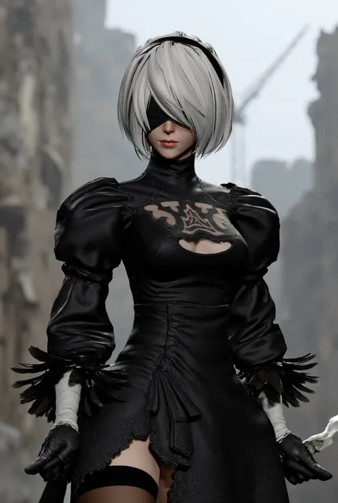 A girl, 2b: (Nier:Automata), Nier: (series), is depicted with platinum blonde short hair and wearing a black outfit with an intricate pattern on her chest. She has a black blindfold over both eyes, her lips are slightly open, she holds a large sword in her right hand and a sword in her left. Her short hair flows in the wind. White smoke is coming from somewhere. The background shows a destroyed city, blurred buildings and cranes, reminiscent of a dystopian or post-apocalyptic world. The overall atmosphere is dark and bleak, and the woman's serious and determined expression stands out.